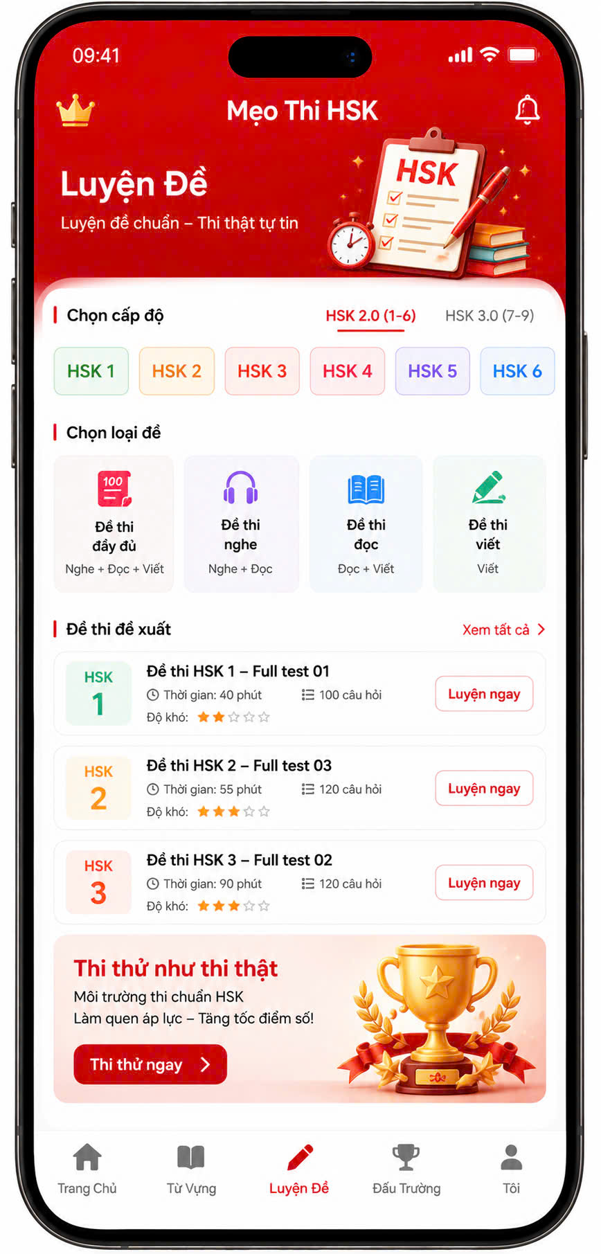 Màn hình chọn đề luyện trong ứng dụng Mẹo thi HSK