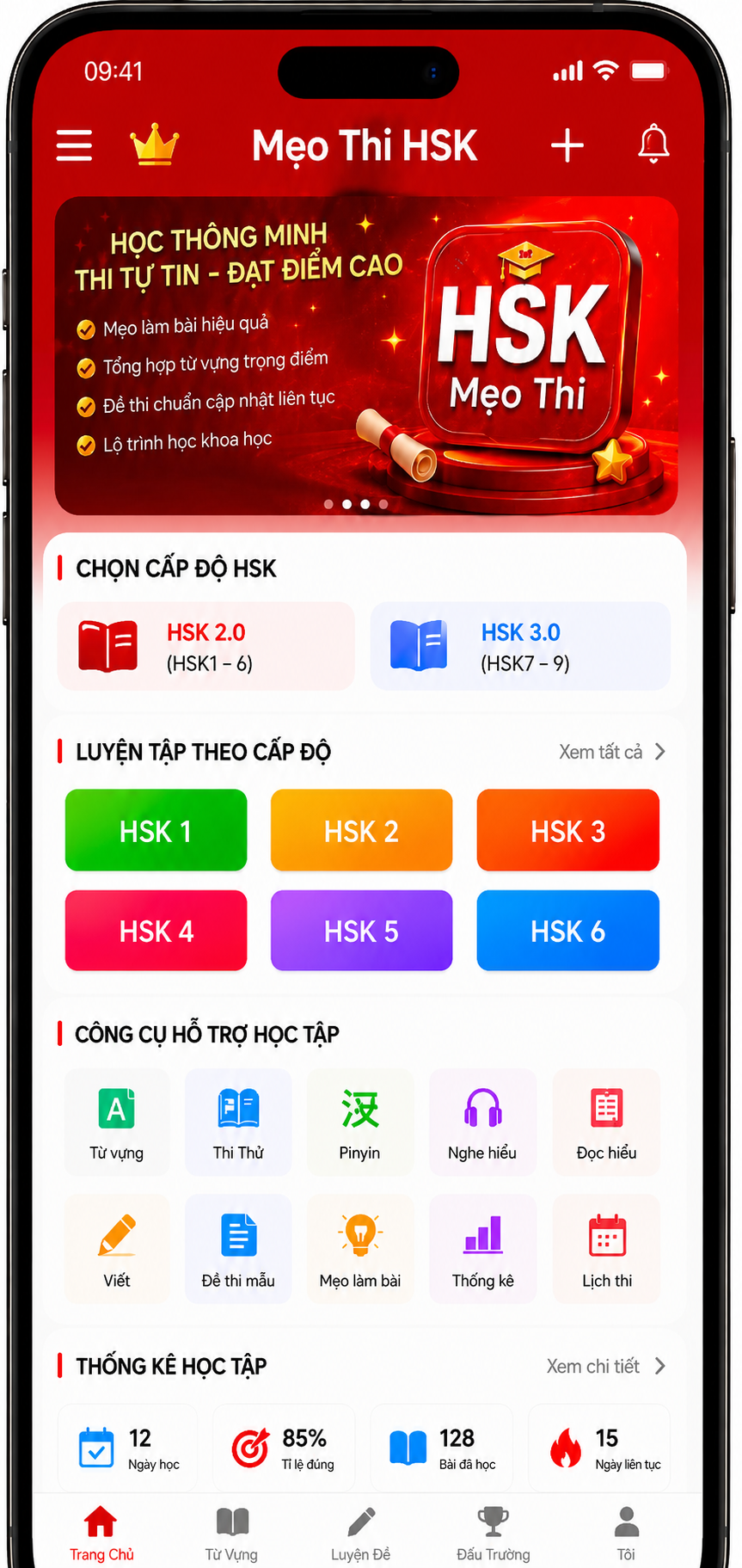 Màn hình chính của ứng dụng Mẹo thi HSK với mục chọn cấp độ, từ vựng và luyện đề